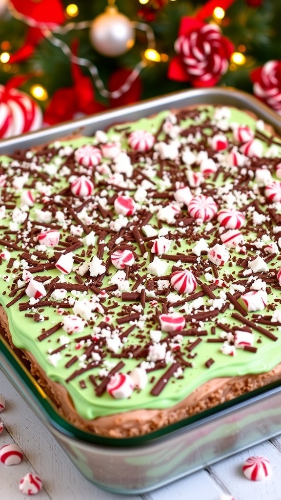 A layered Christmas dessert in a 9x13 pan with chocolate and peppermint flavors, garnished with crushed candies.